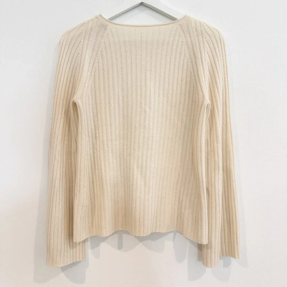 Vince 100% Cashmere Shoulder Slit Ribbed Knit Flare Sleeve Sweater Boho Cream XS